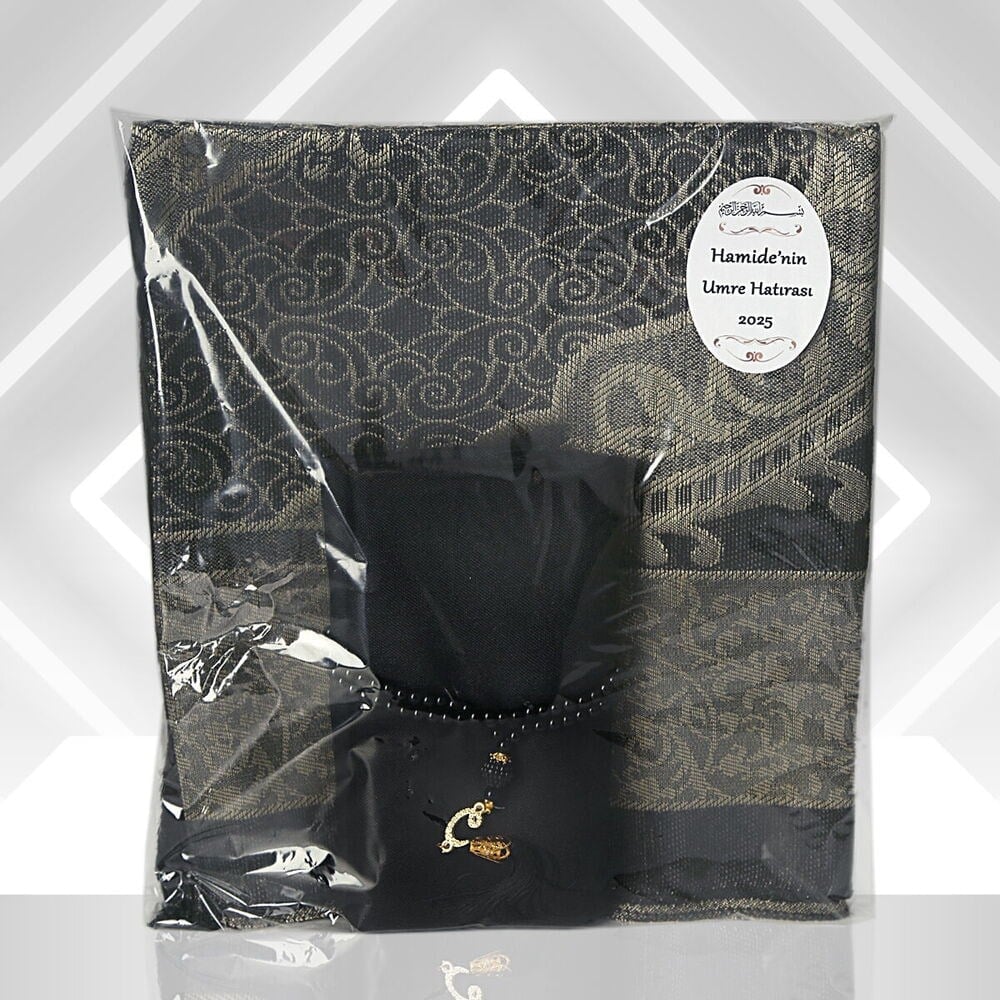 Hediyelik Umre Paketi Tafta Seccade, Pamuklu Şal, İnci Tesbih -Siyah (329 gr,30*33 cm) Etiket Hediyeli