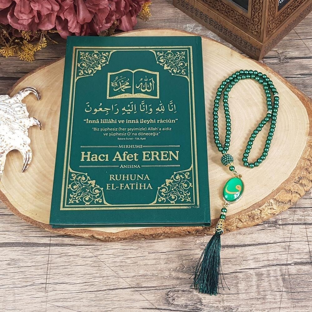 Hediyelik Yasin Kitabı 50 Adet ( Ciltli) İsme Özel, İnci Tesbih, Asetat Kutulu (25×18) Mevlid Seti-Yeşil