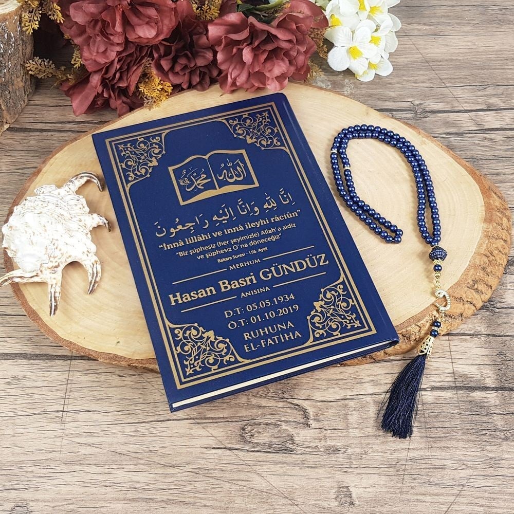 Hediyelik Yasin Kitabı 50 Adet ( Ciltli) İsme Özel, İnci Tesbih, Tül Keseli Mevlid Seti-Lacivert
