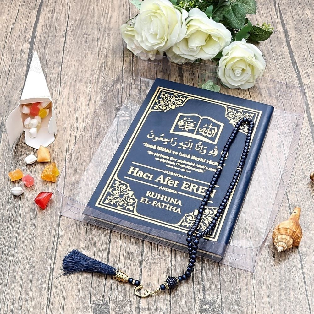 Hediyelik Yasin Kitabı (Orta Boy) 50 Adet, İnci Tesbih, Mevlüt Şekeri, Asetat Kutulu (26×23) Mevlid Seti-Lacivert