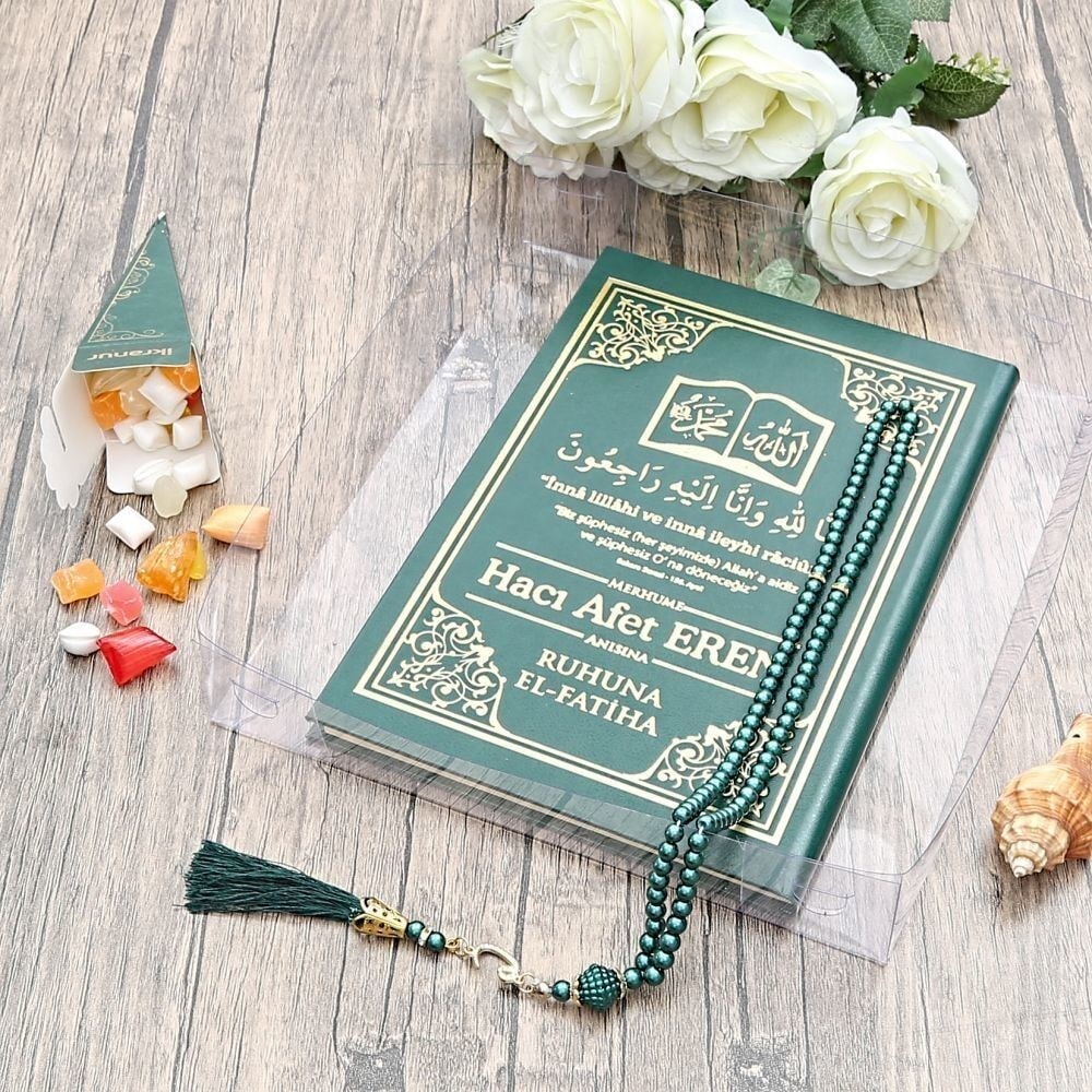 Hediyelik Yasin Kitabı (Orta Boy) 50 Adet, İnci Tesbih, Mevlüt Şekeri, Asetat Kutulu (26×23) Mevlid Seti-Yeşil