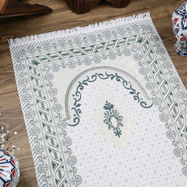 İpek Saten Osmanlı Desenli Seccade Koyu Yeşil 67x120 cm - 230 gr