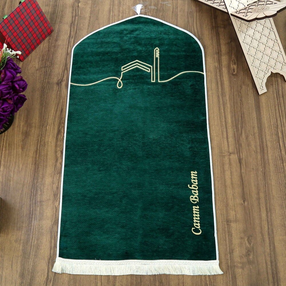 İsme Öze El Kuba Lüks Astarlı Biyeli Seccade-Yeşil (66X125cm) 565 gr
