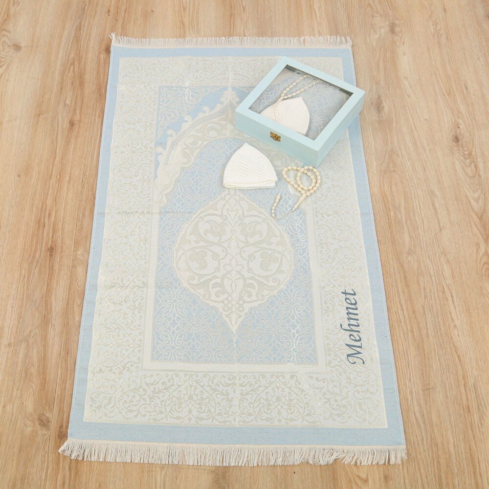 İsme Özel Ahşap Kutulu Seccade Seti-Mavi (24*24*6 cm,1040 gr)