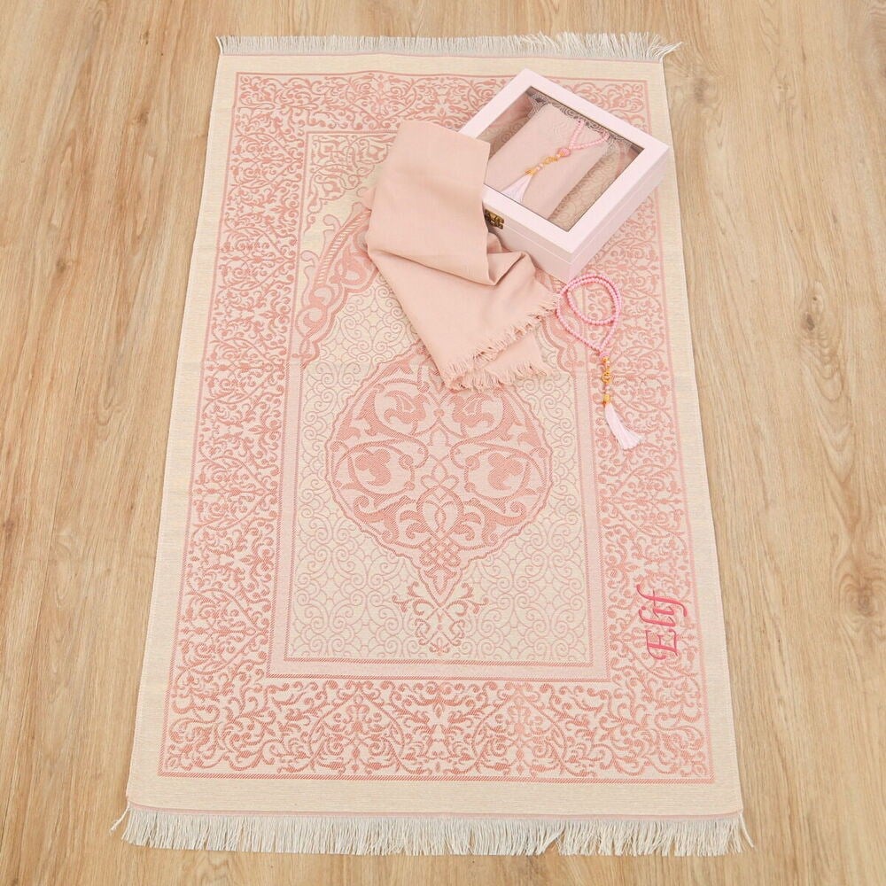 İsme Özel Ahşap Kutulu Seccade Seti-Pembe(24*24*6 cm,1040 gr)