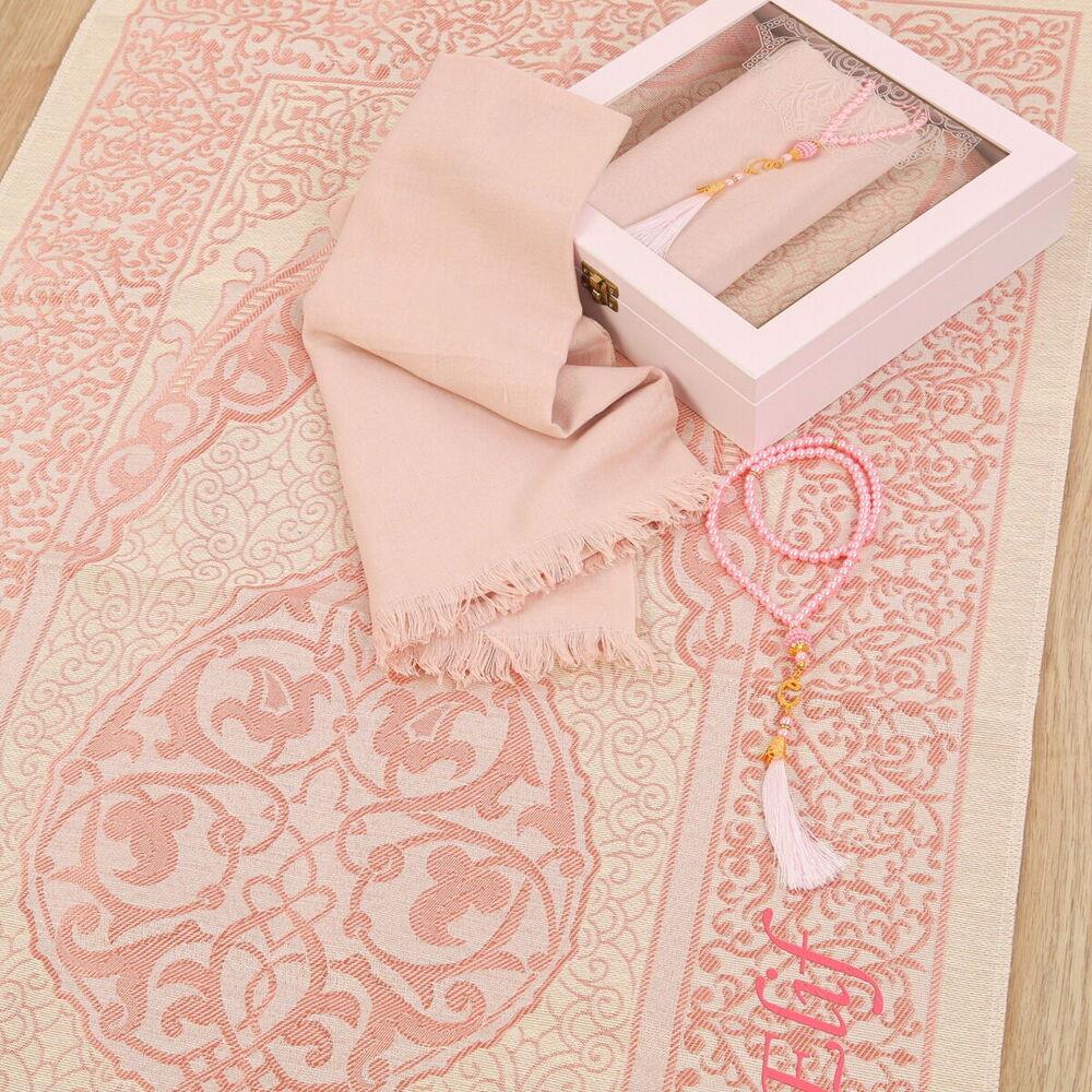 İsme Özel Ahşap Kutulu Seccade Seti-Pembe(24*24*6 cm,1040 gr)