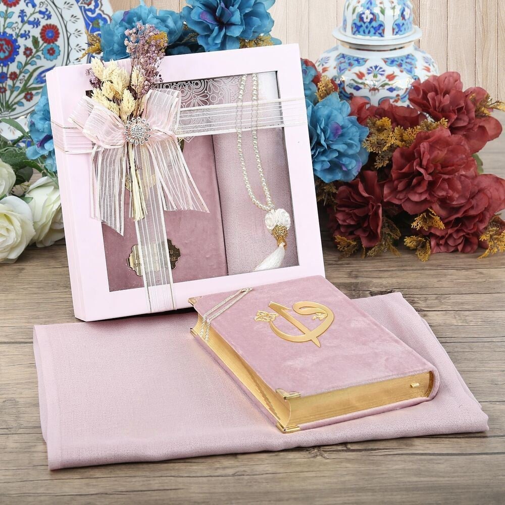 İsme Özel Anneler Günü Hediyesi Şal, Tesbih, Kuran-ı Kerim, Ahşap Kutulu Set-Pembe