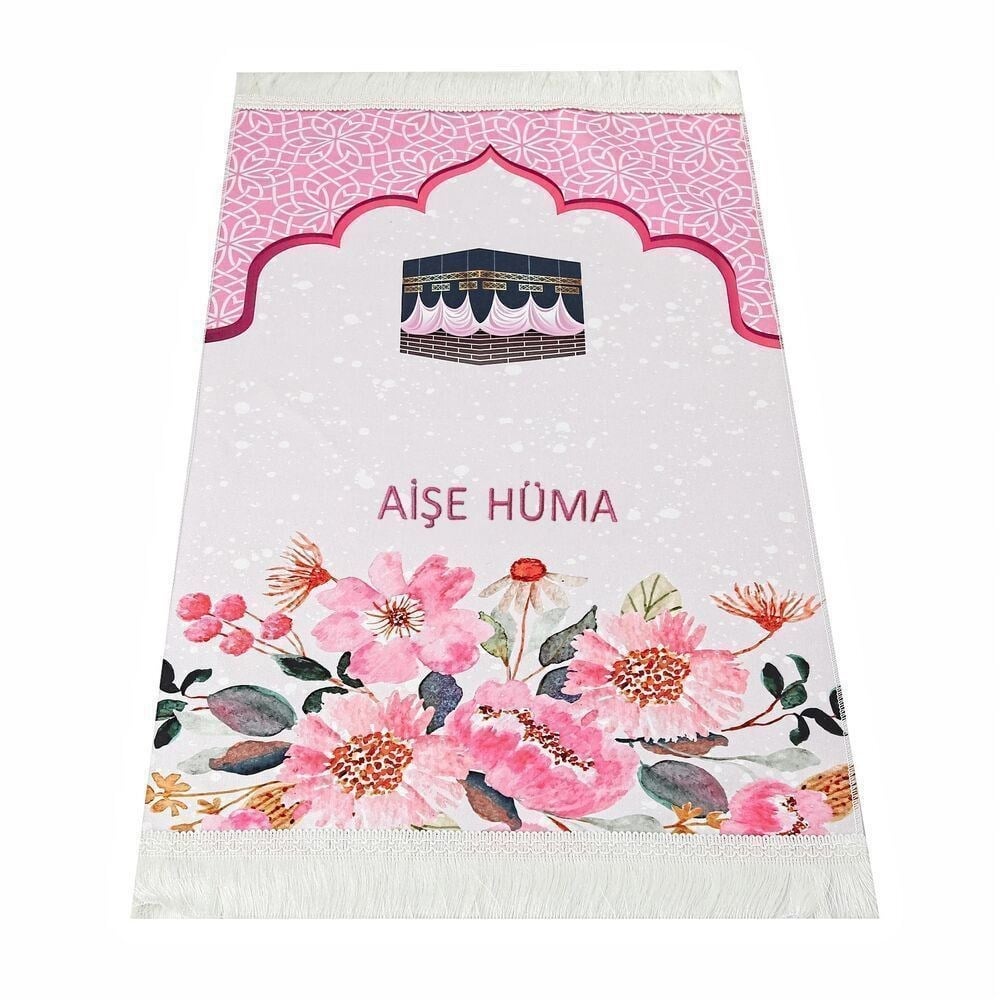 İsme Özel Çocuk Seccadesi Kabe Pembe & Kokulu Kalp İşlemeli Tesbih Bebek Pembesi & Hacca Gidiyorum Puzzle