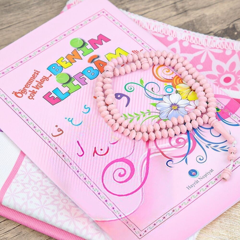 İsme Özel Çocuk Seccadesi ve Eğitici Kitabı Namaz Seti  - Pembe 45x82 cm - 110 gr - Tesbih