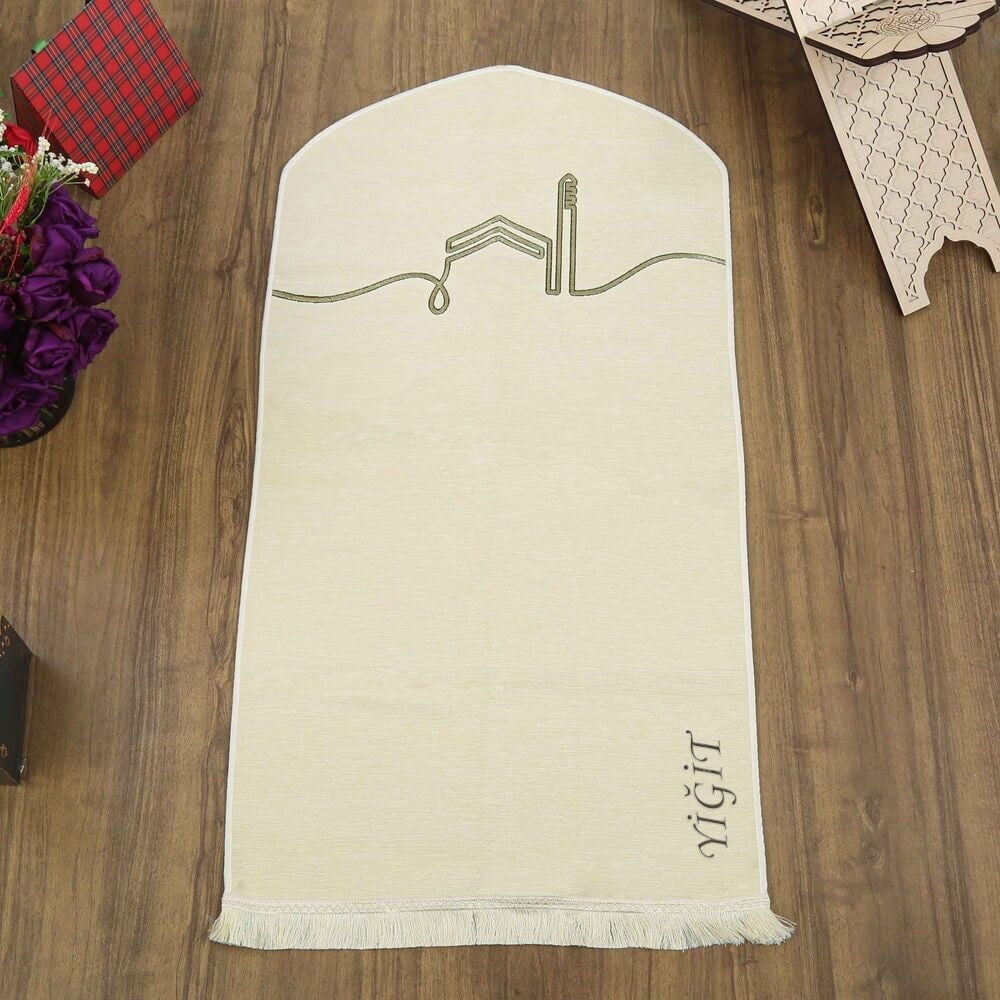 İsme Özel El Kuba Lüks Astarlı Biyeli Seccade-Krem (66X125cm) 565 gr