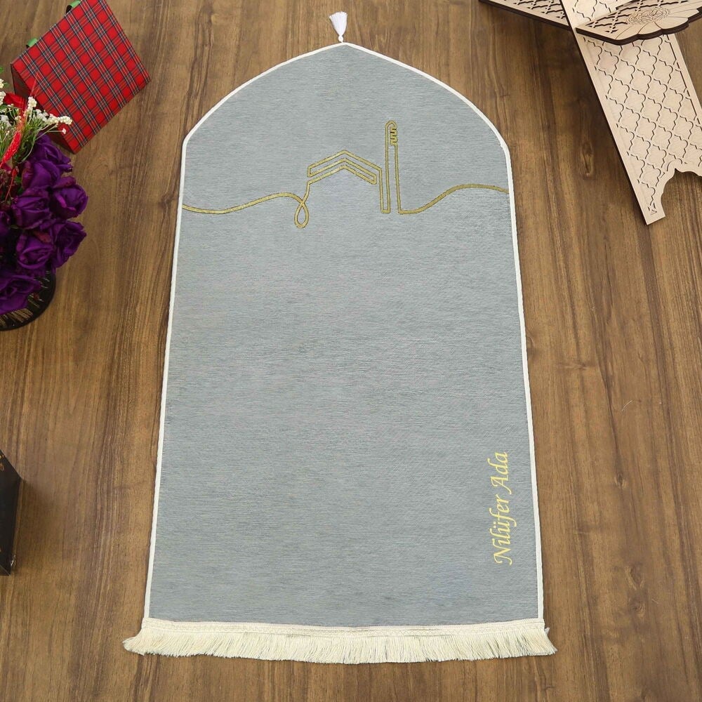 İsme Özel El Kuba Lüks Astarlı Biyeli Seccade-Gri (66X125cm) 565 gr
