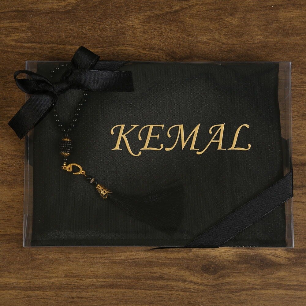İsme Özel Hediyelik Kabe Seccade Siyah-Gold & İnci Tesbih