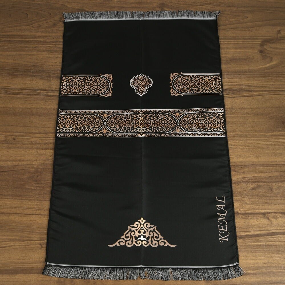 İsme Özel Hediyelik Kabe Seccade Siyah-Gold & İnci Tesbih