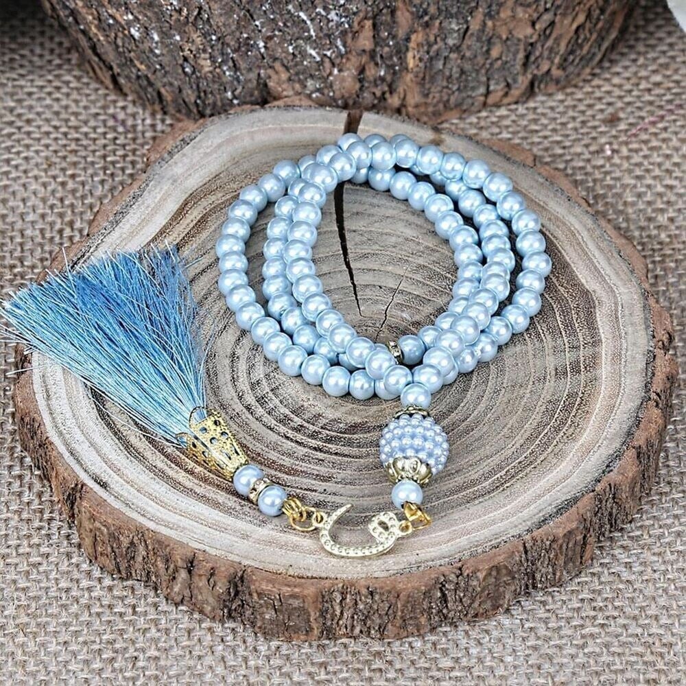İsme Özel Hediyelik Tafta Seccade Mavi & İnci Tesbih