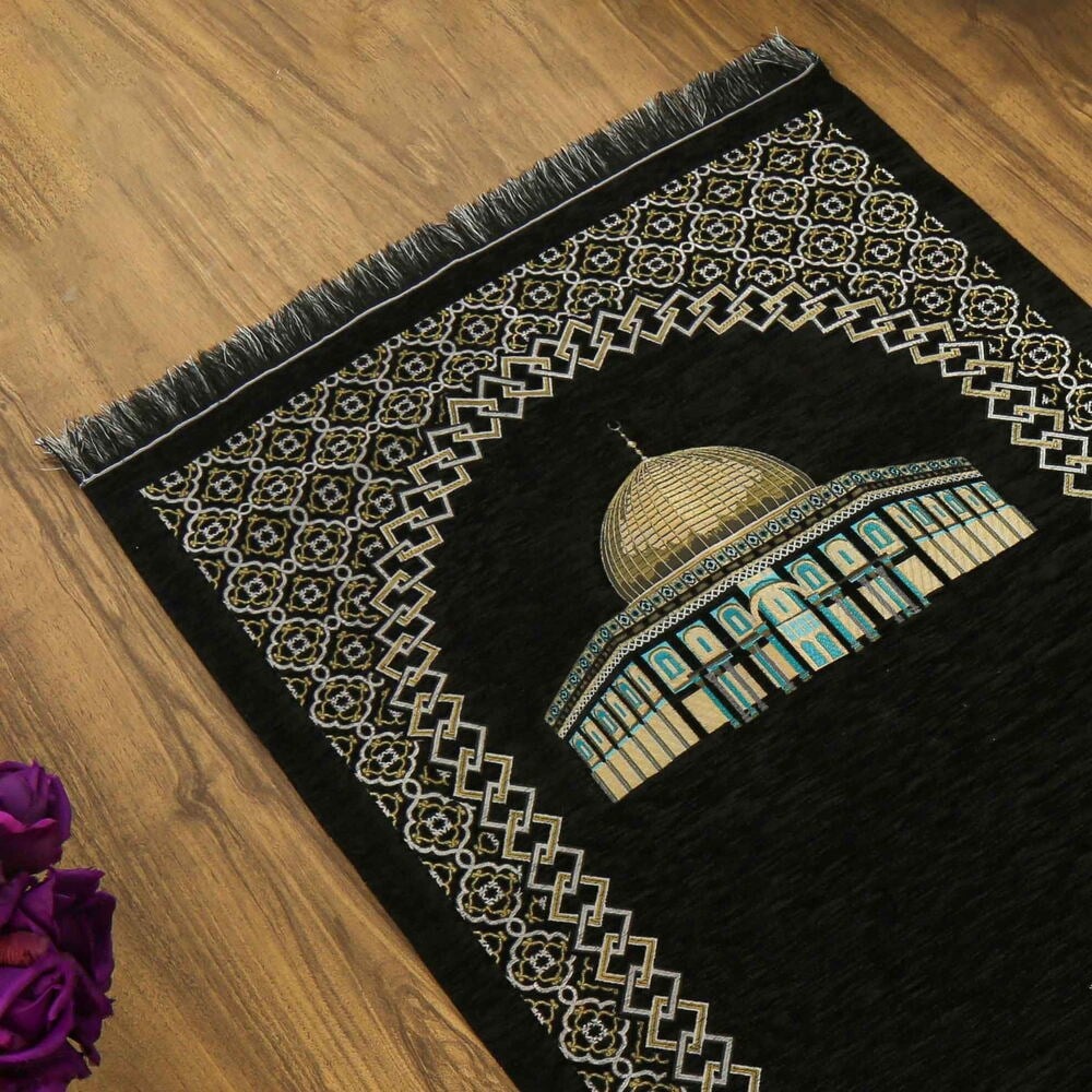 İsme Özel Kubbetüs Sahra Lüks Şönil Seccade Siyah (66x117cm) 485gr