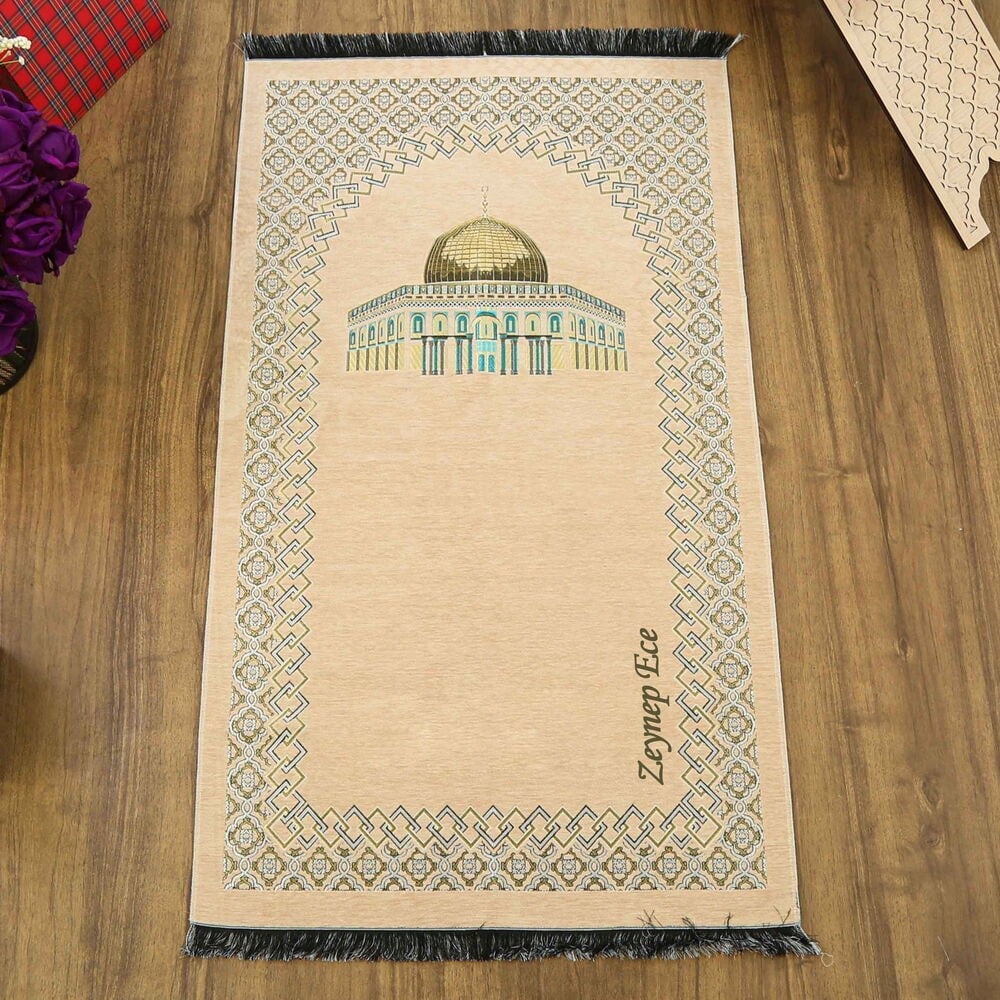 İsme Özel Kubbetüs Sahra Lüks Şönil Seccade Bej (66x117cm) 485gr