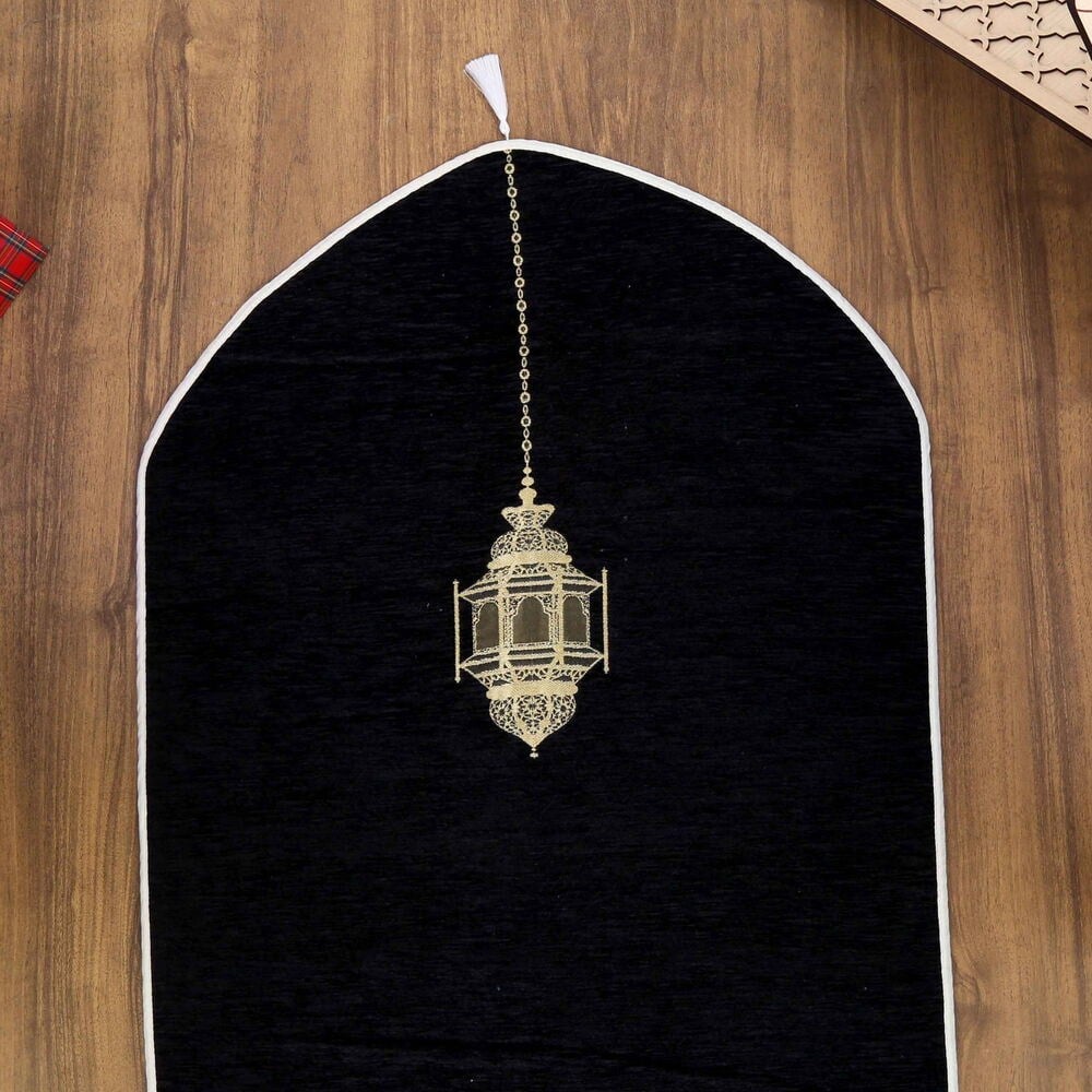 İsme Özel Mahya Desenli Lüks Astarlı Biyeli Şönil Seccade-Siyah (66X125cm) 565 gr