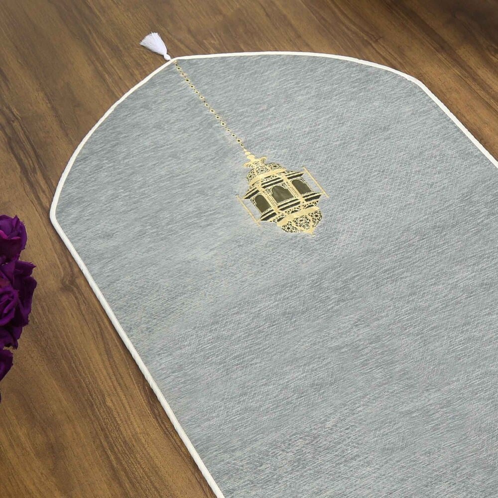 İsme Özel Mahya Desenli Lüks Astarlı Biyeli Şönil Seccade-Gri (66X125cm) 565 gr