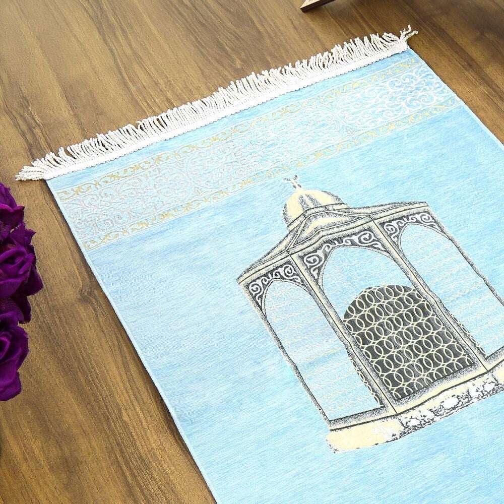 İsme Özel Makam-ı İbrahim Lüks Şönil Seccade Bebek Mavisi (70x126cm) 240 gr