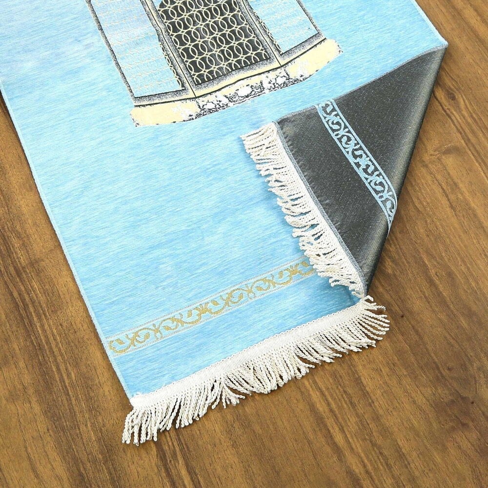İsme Özel Makam-ı İbrahim Lüks Şönil Seccade Bebek Mavisi (70x126cm) 240 gr