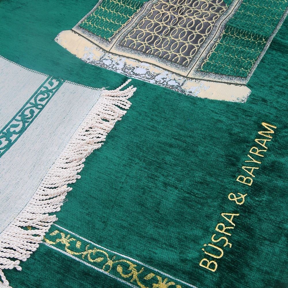 İsme Özel Makam-ı İbrahim Lüks Şönil Seccade-Yeşil -70x126 cm-240 gr