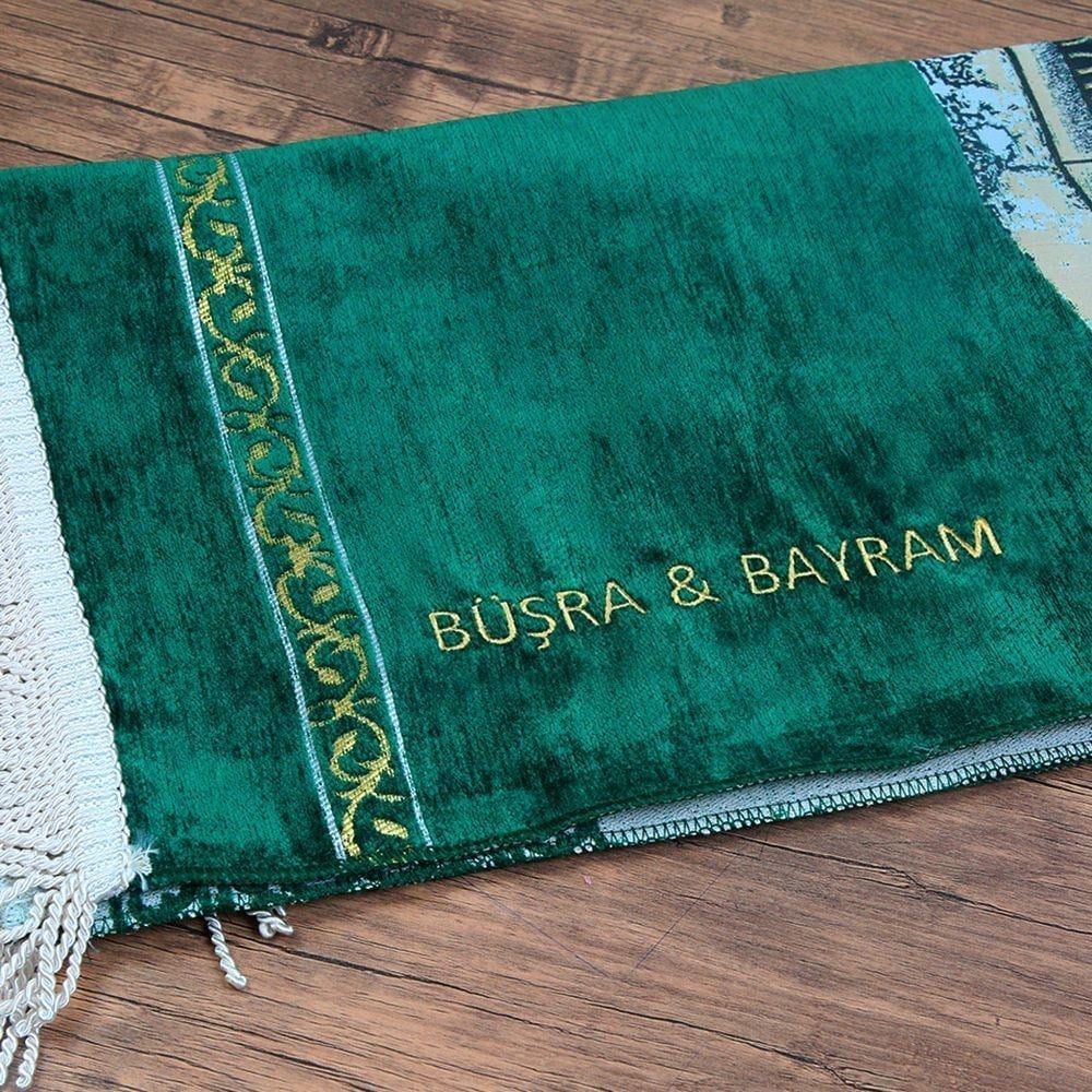 İsme Özel Makam-ı İbrahim Lüks Şönil Seccade-Yeşil -70x126 cm-240 gr