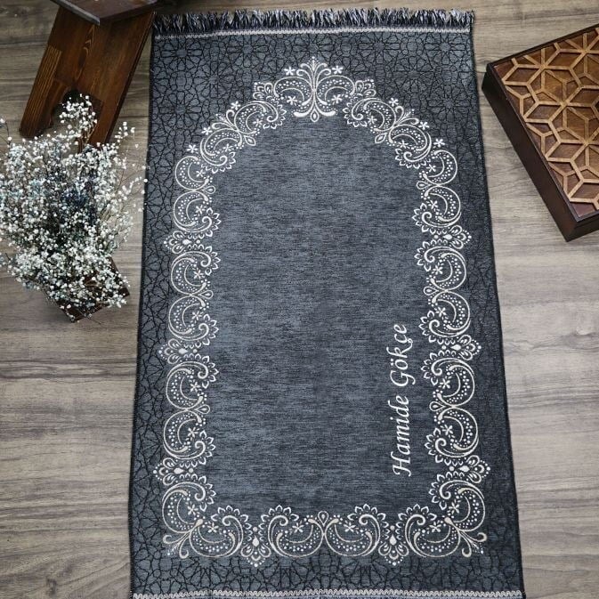 İsminizi Seccadeye Nakşediyoruz ,İsme Özel Seccade Munis Gri 65x115 cm - 320 gr