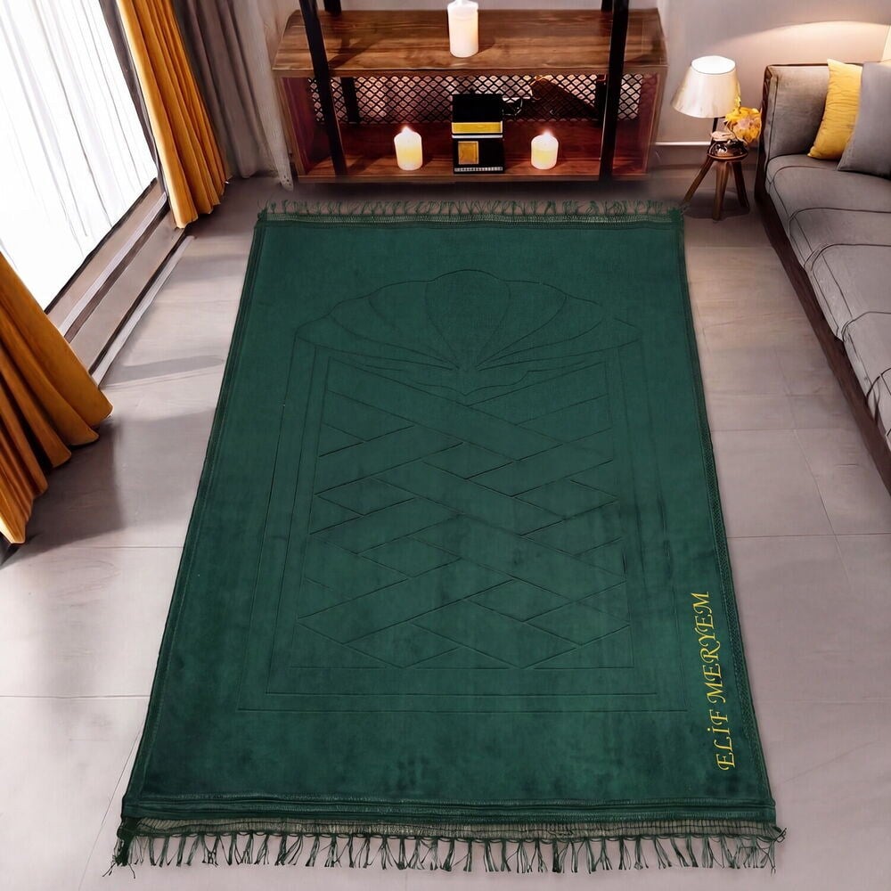 İsminizi Seccadeye Yazıyoruz Soft Yumuşak Kadife Peluş Seccade Yeşil 80 x 120 cm - 1100 gr