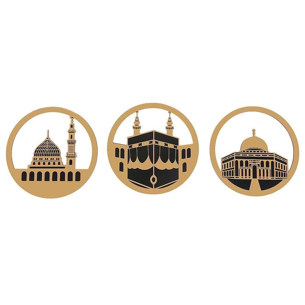 Kabe i Muazzama  Ravza ı Mudahhara ve Mescidi Aksa Üç Mescid Gold Pleksi Üçlü Takım Duvar Süsü  (30*30 cm)