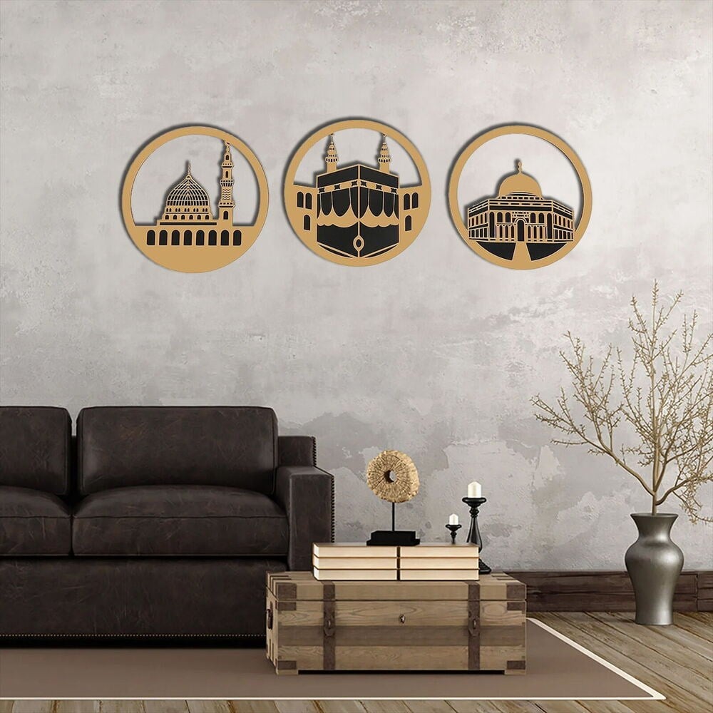 Kabe i Muazzama  Ravza ı Mudahhara ve Mescidi Aksa Üç Mescid Gold Pleksi Üçlü Takım Duvar Süsü  (30*30 cm)