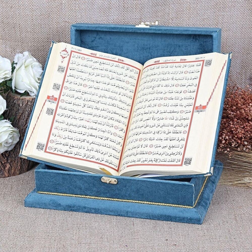 Kadife Kaplı Kutulu Kur'an-ı Kerim Turkuaz
