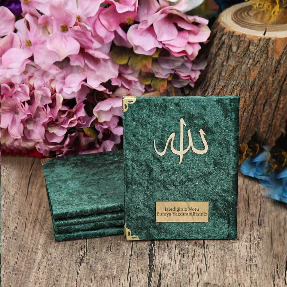 Kadife Kaplı Yasin Kitabı 10 Adet Çanta Boy 12×16, 128 Sayfa Allah Lafızlı, İsim Baskılı-Yeşil