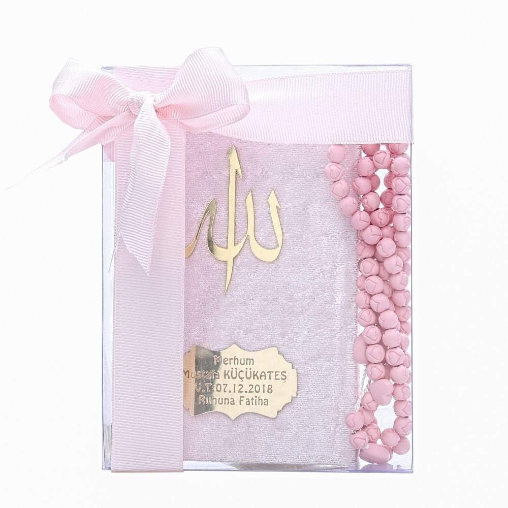 Kadife Kaplı Yasin Kitabı (Çanta Boy), Kokulu Tesbih, Asetat Kutuda (17×15) Mevlid Seti-Pembe