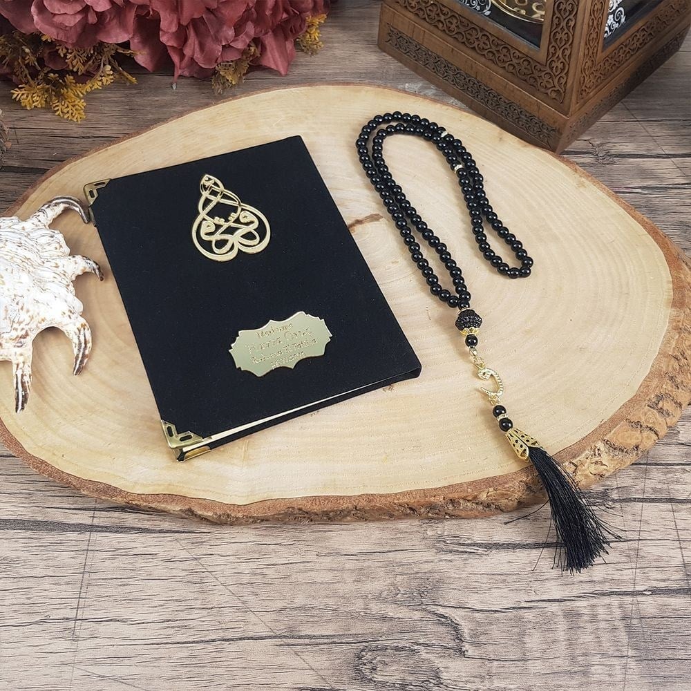 Kadife Yasin Kitabı (Çanta Boy), İnci Tesbih, Asetat Kutulu (17×15 cm 200 gr) Mevlid Seti-Siyah