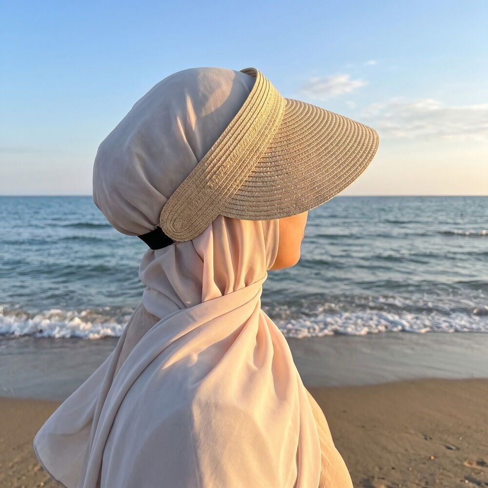Kadın Geniş Siperli Vizör Hasır Ayarlanabilir Kemerli Şapka - Bej