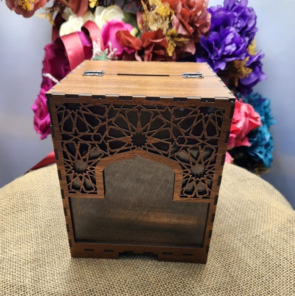 Kumbara Ahşap Mdf  Kutusu Rumi Desenli Orta Boy 14*14*16 cm