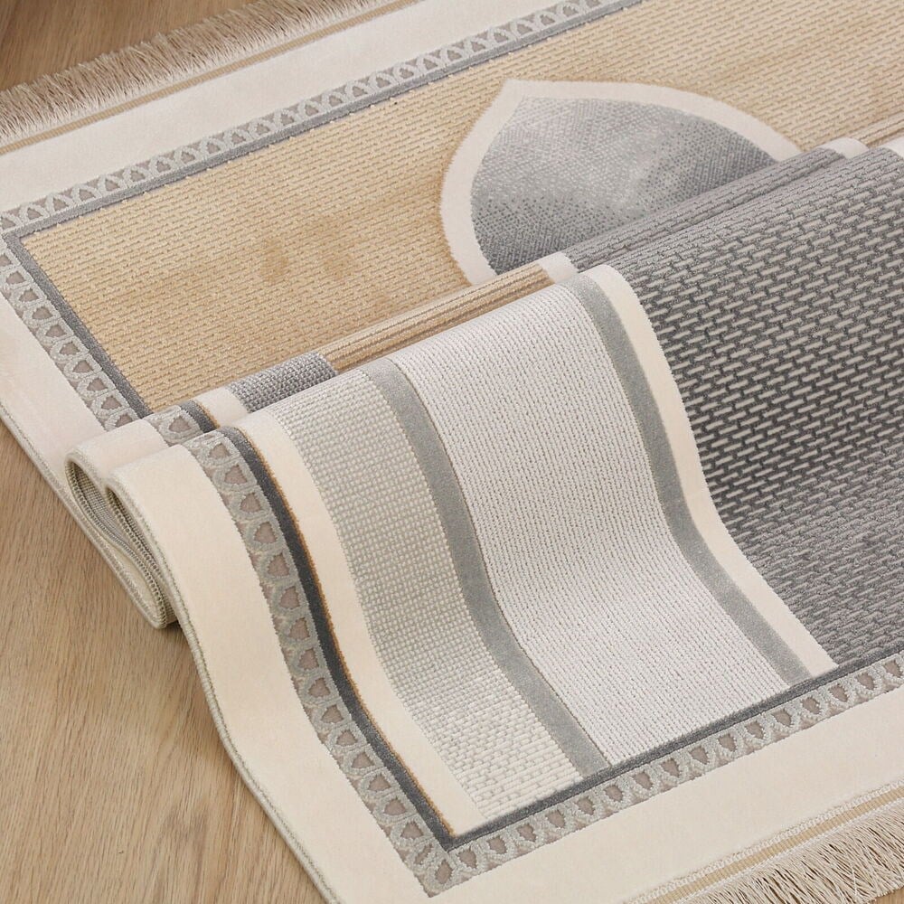 Lüks Kadife Akasya Mihrap  Seccade  Ultra Lüks % 100 Modal, Sık Dokuma Halı  Seccade-Krem (80x120 cm) 2080 gr