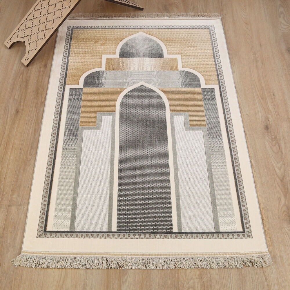 Lüks Kadife Akasya Mihrap  Seccade  Ultra Lüks % 100 Modal, Sık Dokuma Halı  Seccade-Krem (80x120 cm) 2080 gr