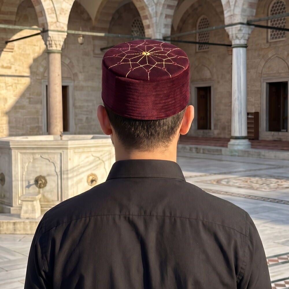 Lüks Kadife Keçeli Takke Nakışlı Bordo