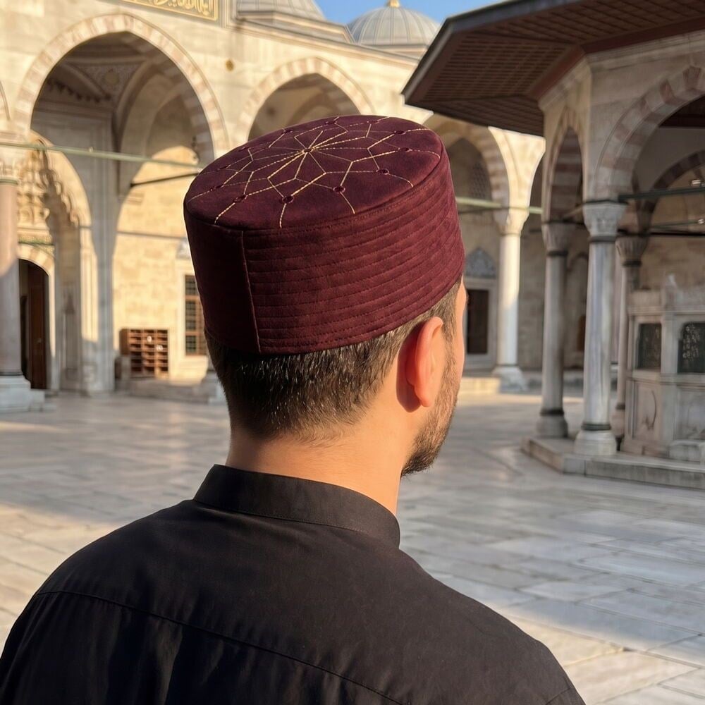 Lüks Kadife Keçeli Takke Nakışlı Bordo