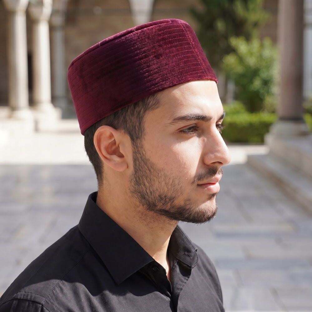 Lüks Kadife Keçeli Takke Nakışlı Bordo