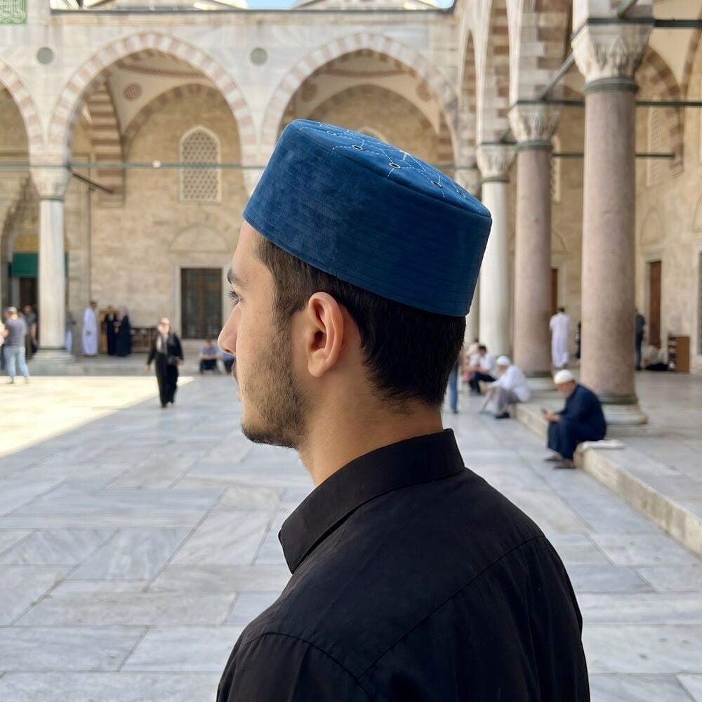 Lüks Kadife Keçeli Takke Nakışlı İndigo
