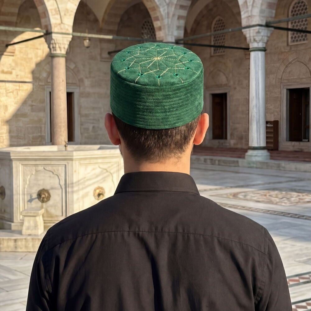 Lüks Kadife Keçeli Takke Nakışlı Yeşil