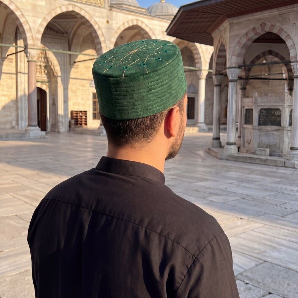 Lüks Kadife Keçeli Takke Nakışlı Yeşil
