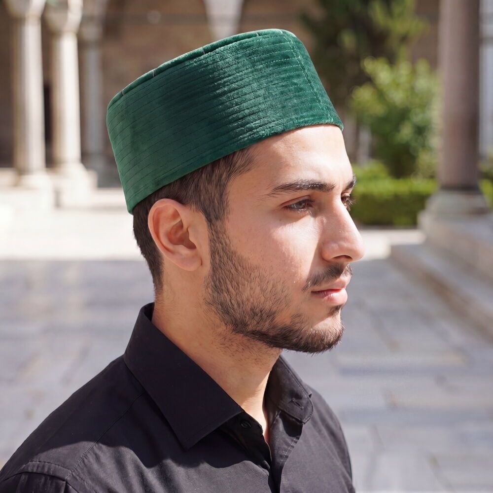 Lüks Kadife Keçeli Takke Nakışlı Yeşil