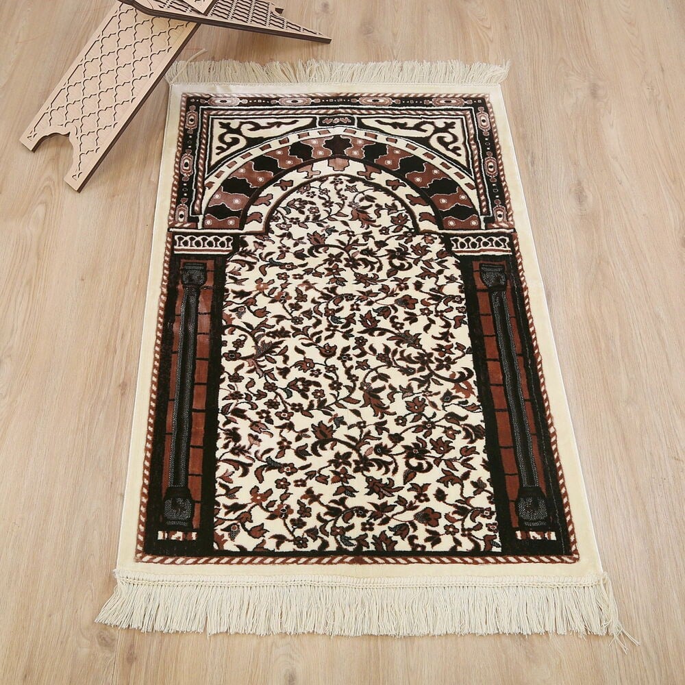 Medine Halı Tipi Kalın Yumuşak Kadife Çeyizlik Seccade Elegant -Kahverengi (71*123 cm 1040 gr)