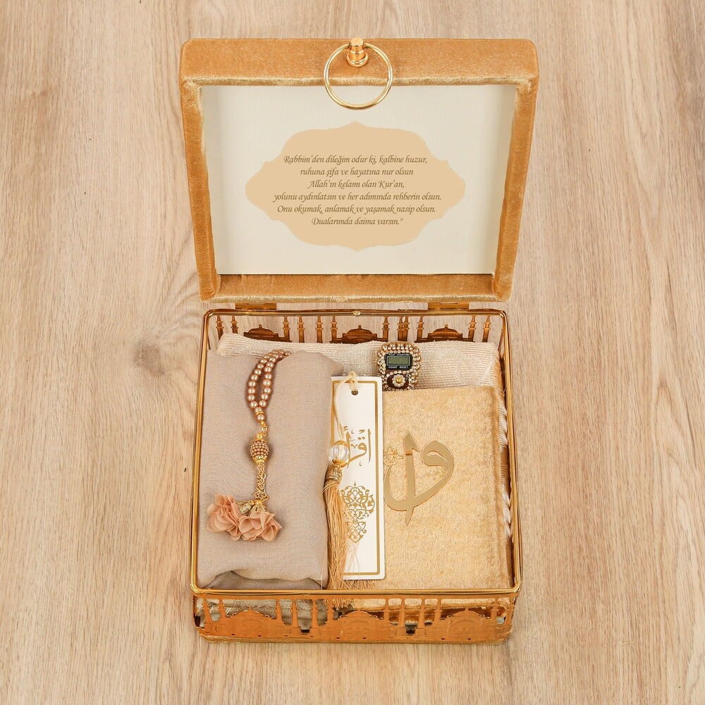 Metal Cami Desenli Kadife Kaplı Lüks Kutulu  Kuran-i Kerim Seti - Vizon(22*22*12 cm, 1450 gr)