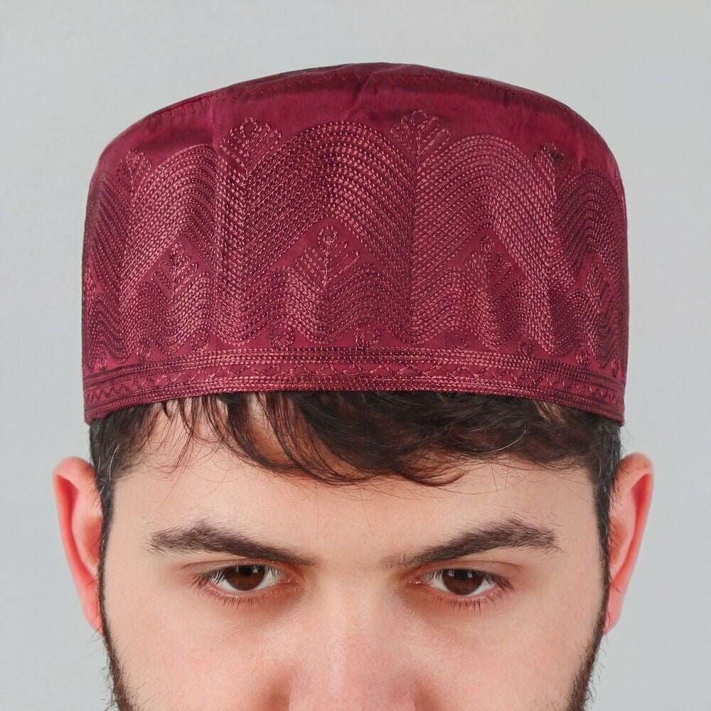 Mevlidhan Namaz Takkesi Topbaş Hafız Nakış İşlemeli Bordo