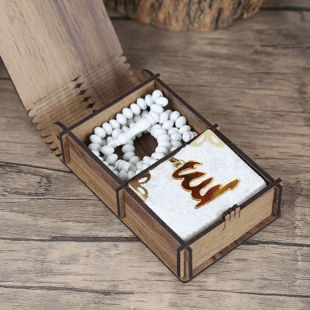 Mini Ahşap Kutuda Mini Kur'an-ı Kerim & Beyaz Kristal Tesbih (13x7cm)