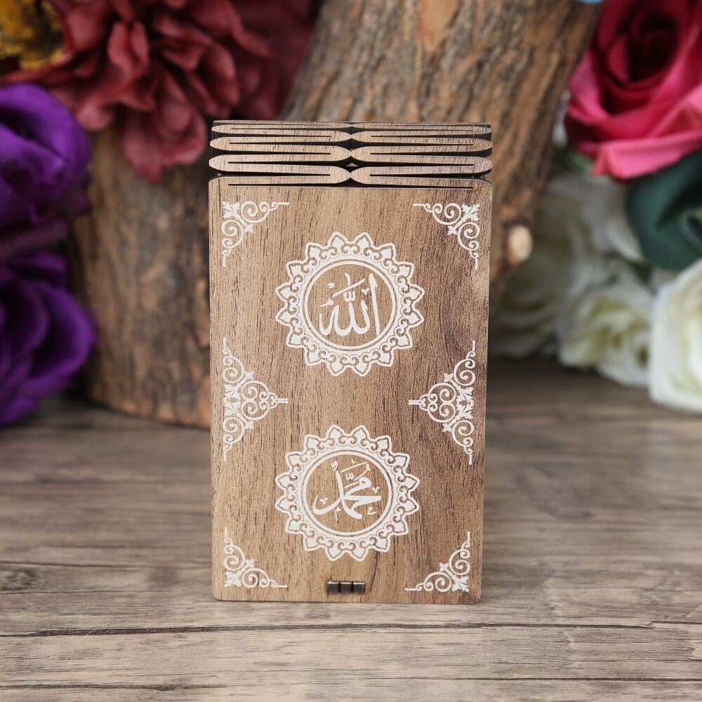 Mini Ahşap Kutuda Mini Kur'an-ı Kerim & Beyaz Kristal Tesbih (13x7cm)